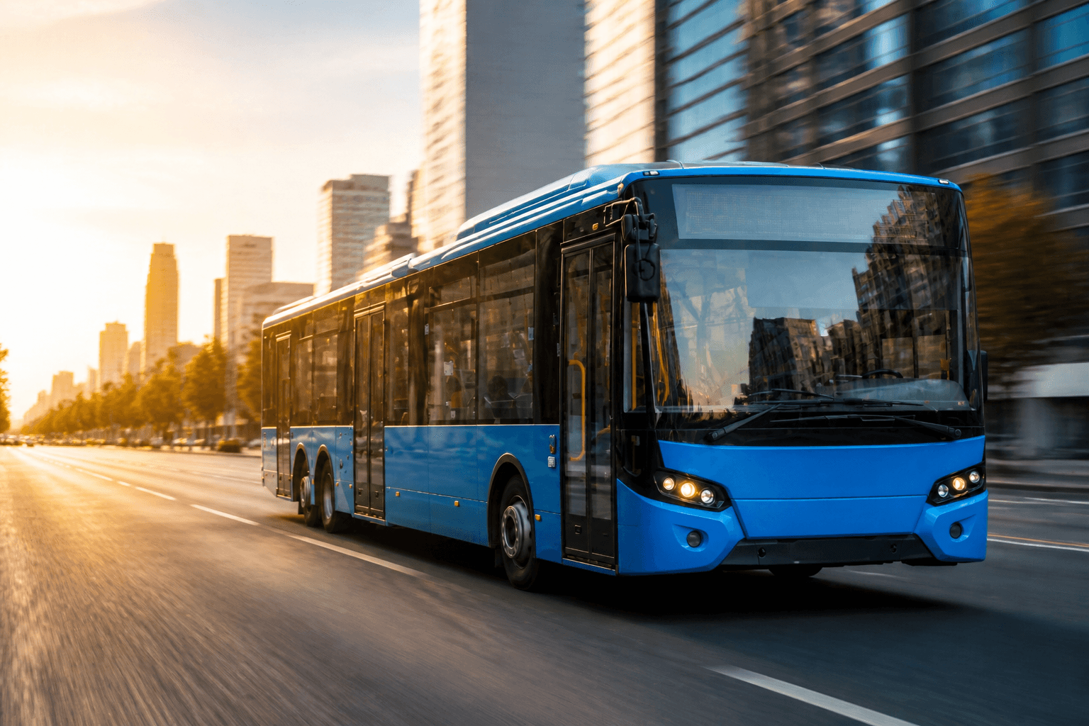 City bus on a sunlit boulevard